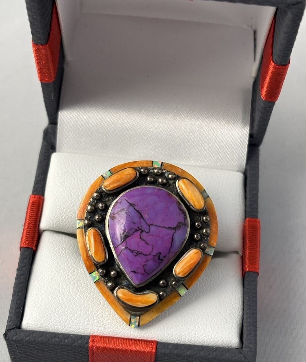 Purple Mojave & Orange Turquoise OPAL Sterling Silver Statement Ring 5.75-15+GR